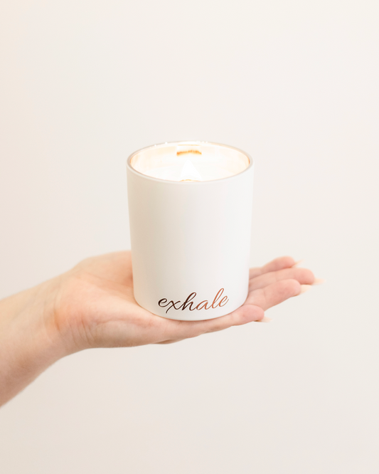 rose gold matte white candle with exhale in foil, wood wick candle