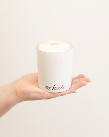 rose gold matte white candle with exhale in foil, wood wick candle